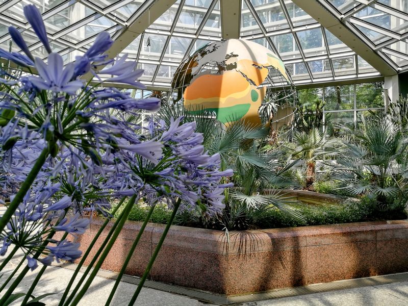 Schauhaus mit großer Erdglobus-Skulptur unter gläsernem Pyramidendach, davor blaue Schmucklilien