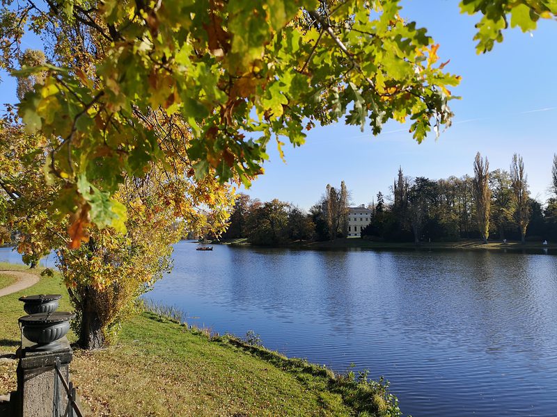 Wörlitzer See mit Schloss Wörlitz und einer Gondel im herbstlichen Landschaftsgarten